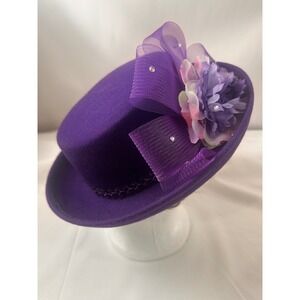 KakyCo Purple 100% Wool Felt Couture Church Hat Flower Mesh Rhinestone Vintage
